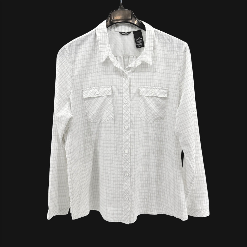 Eddie Bauer Shirt Women XXL Pre-Owned White Grey Grid Plaid Roll Tab Performance